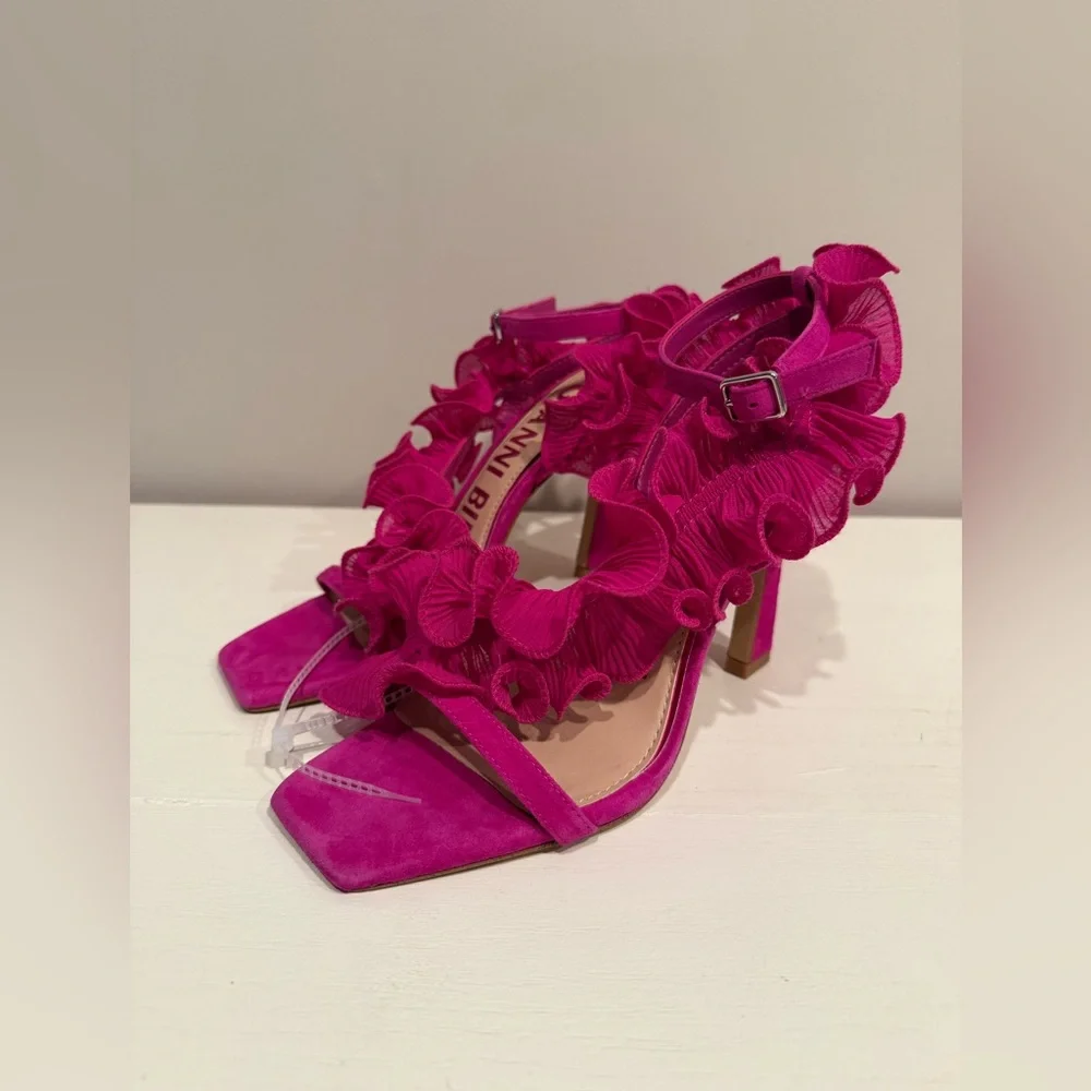 Gianni Bini Women's Franz Suede Chiffon Pink Ruffle Heel Sandals - Picture 2 of 8